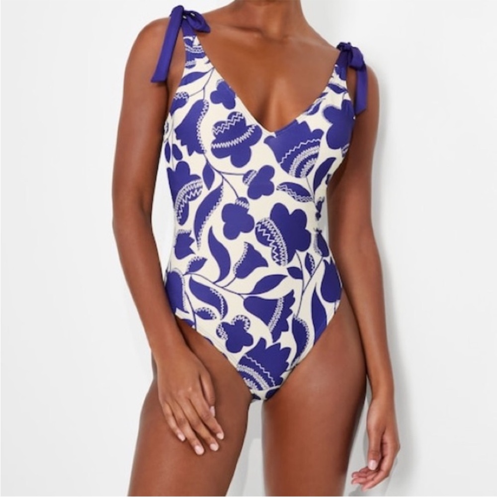 kate spade Blue and White Floral Tie-Shoulder One-Piece Swimsuit